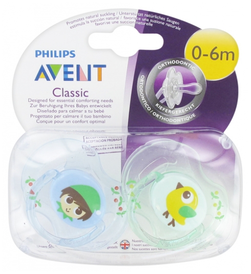Avent Classic 2 Orthodontic Soothers 0-6 Months - Model: Elf Bird