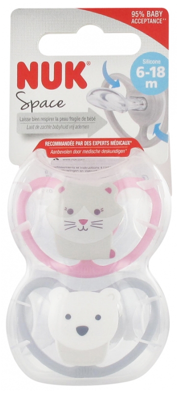 Nuk Space 2 Silicone Soothers 6 18 Months Model Pink Cat Grey Bear