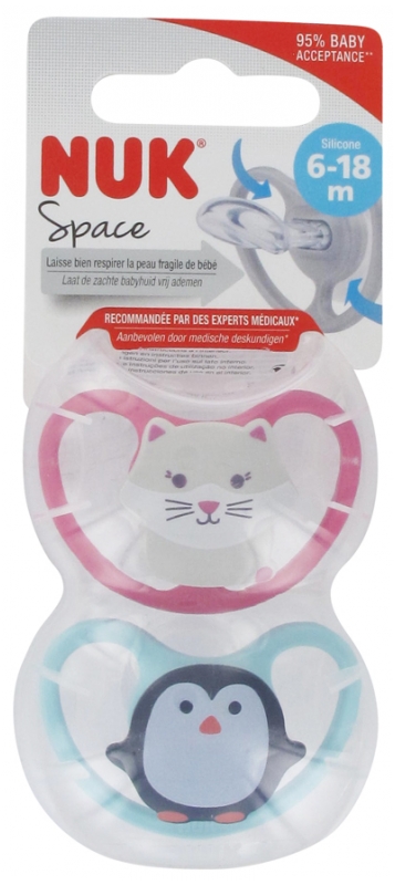 NUK Space 2 Silicone Soothers 6-18 Months - Model: Pink Cat/Penguin