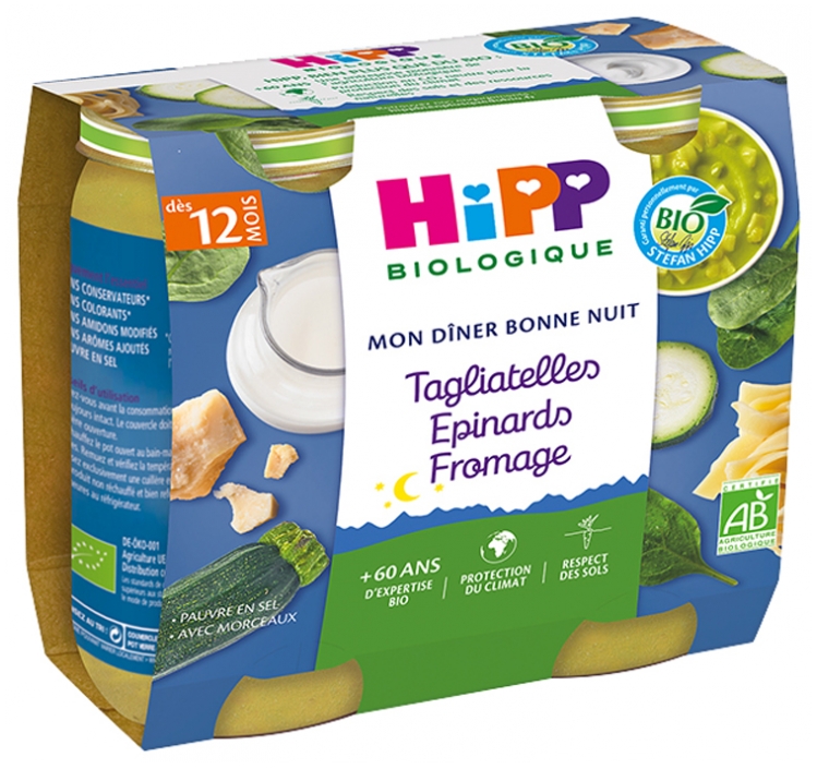 Hipp Mon Diner Bonne Nuit liatelles Epinards Fromage Des 12 Mois Bio 2 Pots