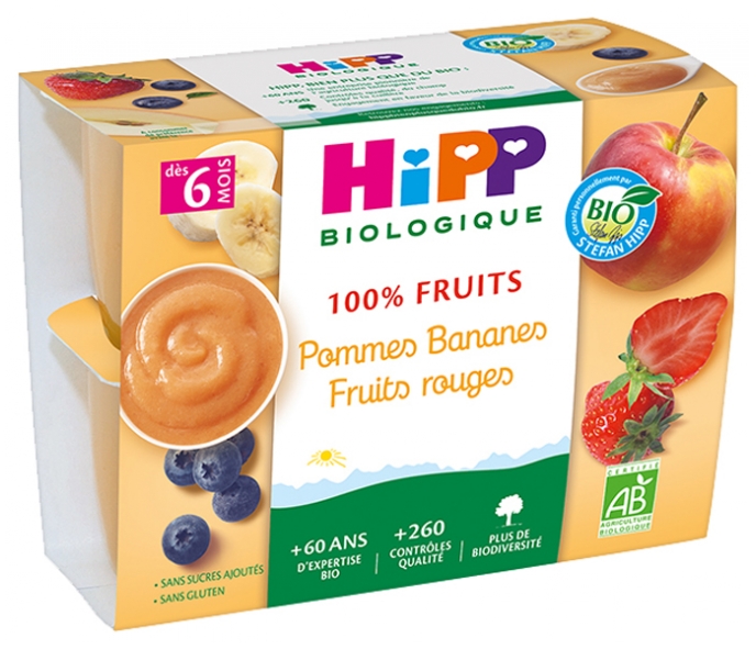 Hipp 100 Fruits Pommes Bananes Fruits Rouges Des 6 Mois Bio 4 Pots