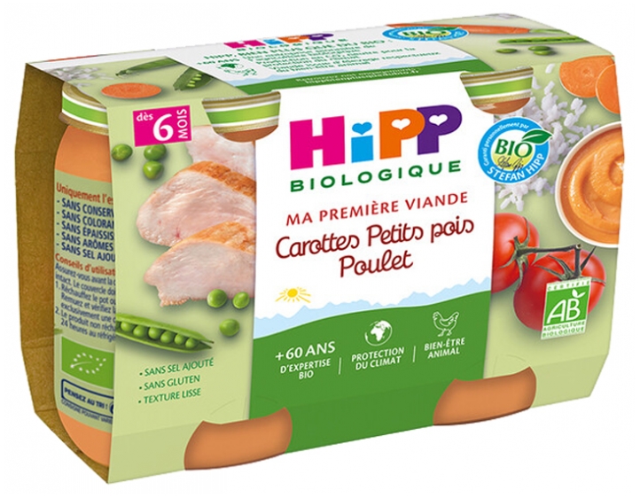 Hipp Ma Premiere Viande Carottes Petits Pois Poulet Des 6 Mois Bio 2 Pots