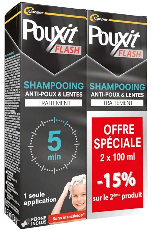 Pouxit Flash Anti-Poux et Lentes Shampoing Traitement 2 x 100 ml Offre Spéciale